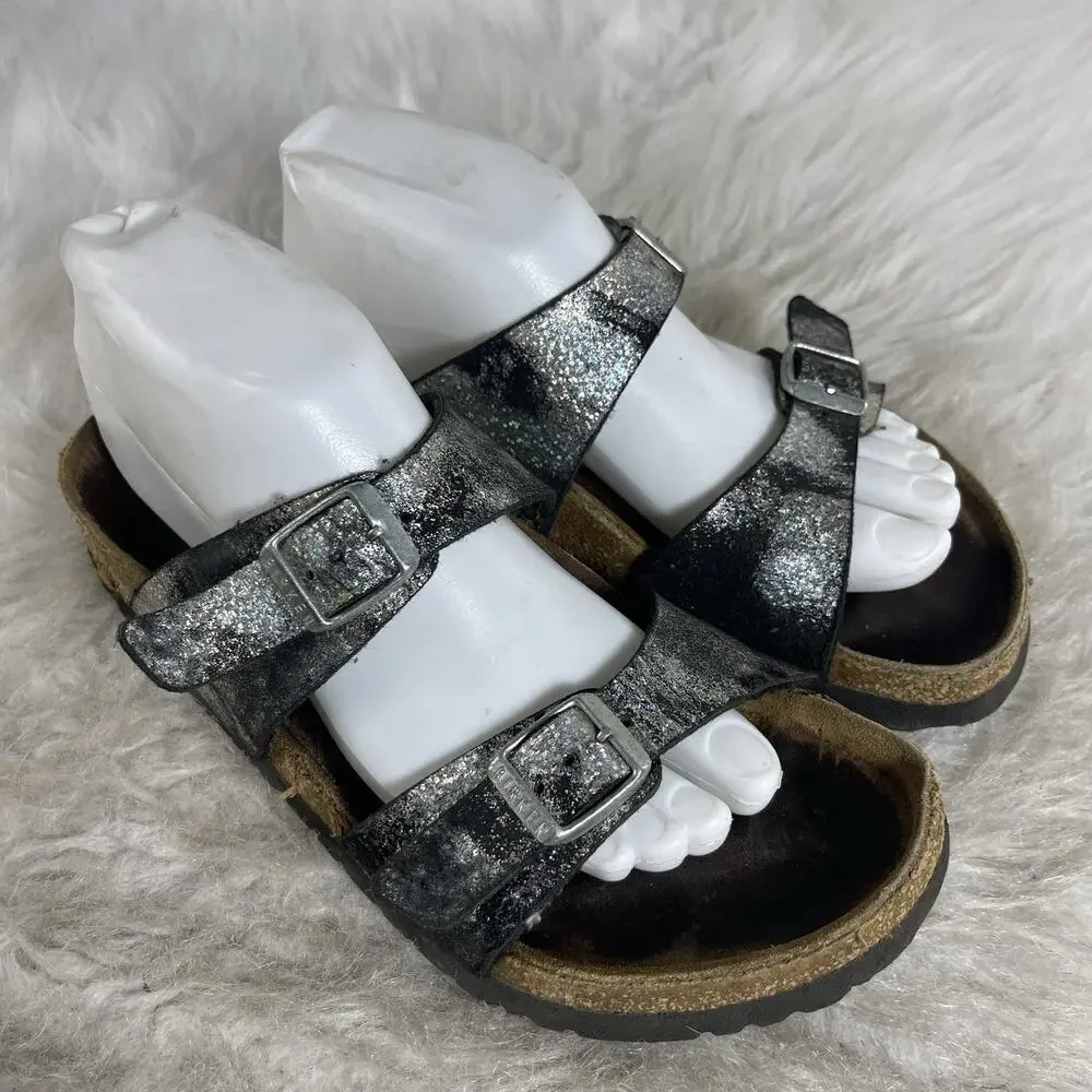 Birkenstock Arizona EU38 , US 7 Regular Black Silver Metallic Leather Sandals - Picture 2 of 12